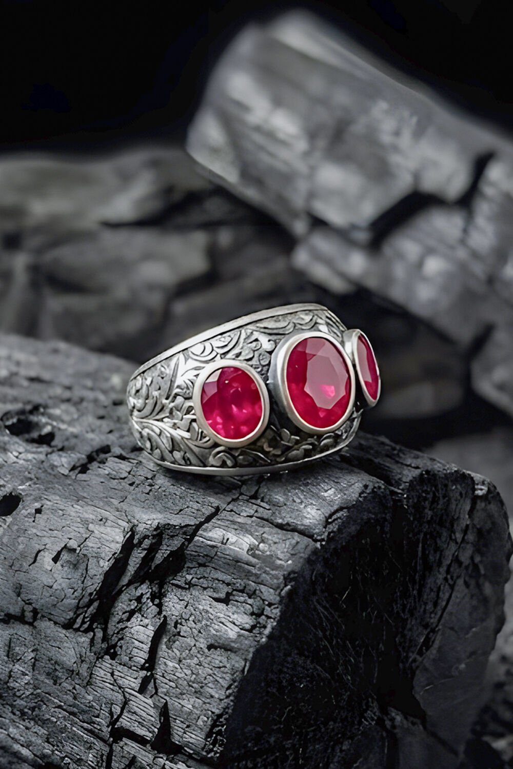 Kalem İşçiliği Özel Tasarım Üç Taş Yakut Zirkon Taşlı Gümüş Yüzük