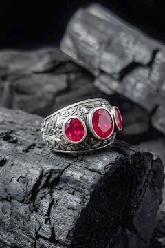 Kalem İşçiliği Özel Tasarım Üç Taş Yakut Zirkon Taşlı Gümüş Yüzük