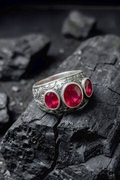 Kalem İşçiliği Özel Tasarım Üç Taş Yakut Zirkon Taşlı Gümüş Yüzük