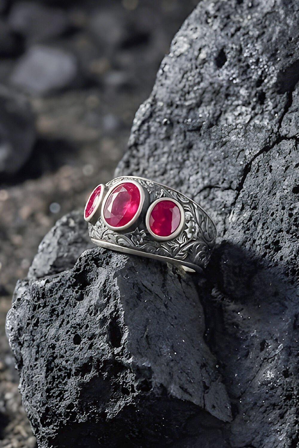 Kalem İşçiliği Özel Tasarım Üç Taş Yakut Zirkon Taşlı Gümüş Yüzük