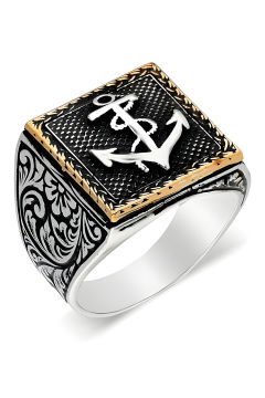 Kare Model Kalem İşlemeli Çapa Desenli Yüzük