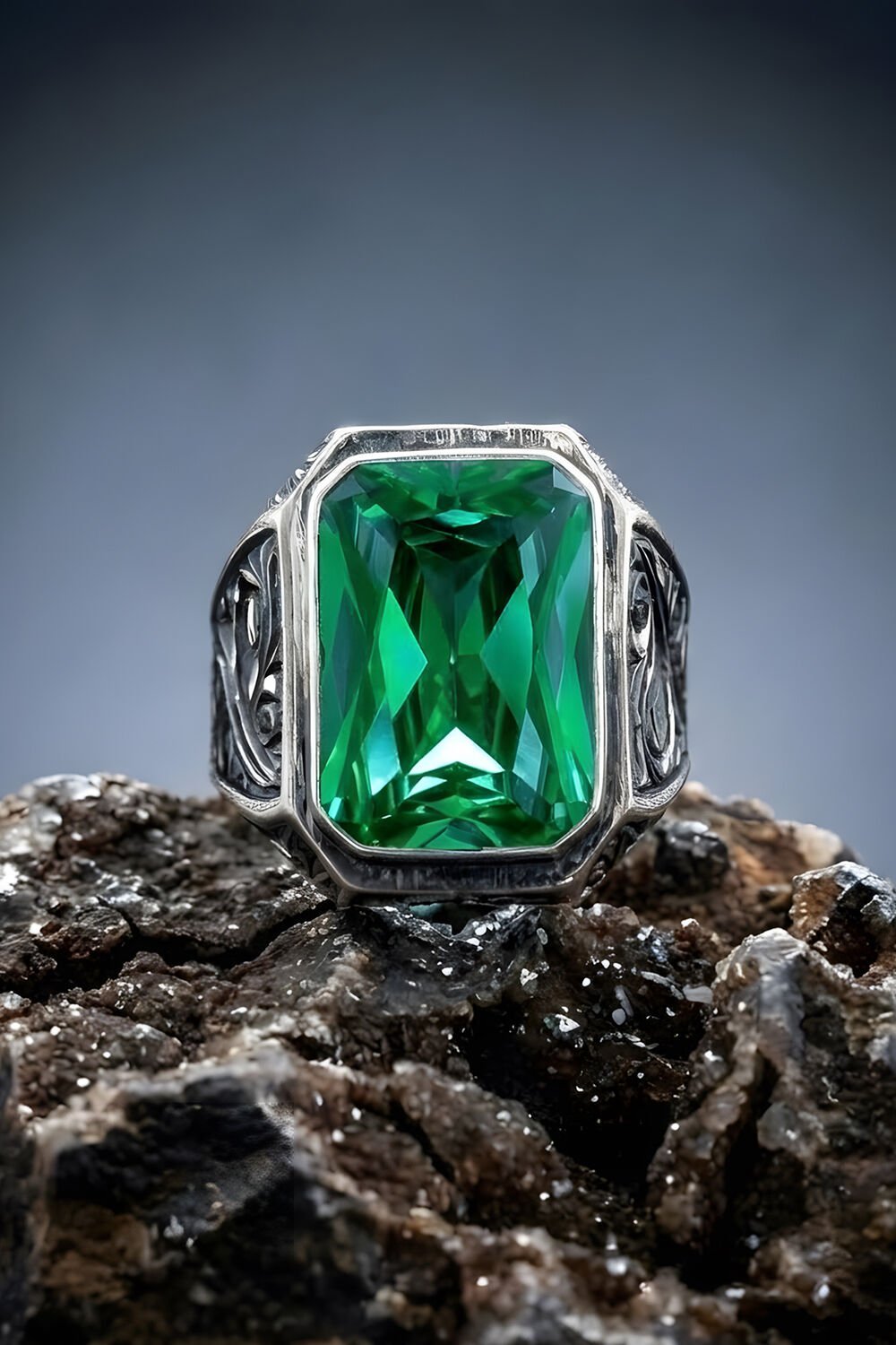 Erzurum Kalem İşçiliği Nakkaş Model Zümrüt Zirkon Taşlı Erkek Yüzük