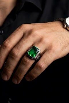 Erzurum Kalem İşçiliği Nakkaş Model Zümrüt Zirkon Taşlı Erkek Yüzük