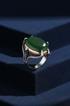 Büyük Boy Pençe Model Yeşil Akik Taşlı Yüzük