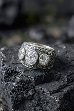 Kalem İşçiliği Özel Tasarım Üç Taşlı Zirkon Gümüş Yüzük