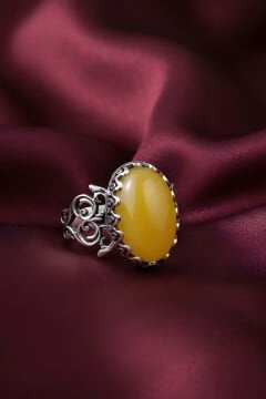 El İşçiliği Özel Tasarım Sarı Akik Taşlı Kadın Yüzük