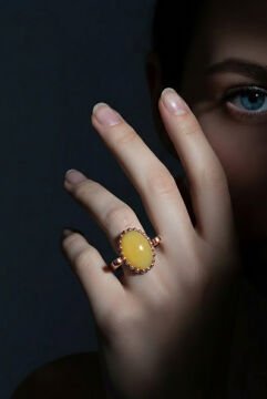 Sade Model Sarı Akik Taşlı El İşi Gümüş Yüzük 15 - Rose Rengi