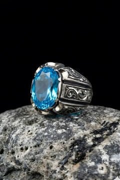 Erzurum Kalemkar Usta İşçiliği Mavi Topaz Zirkon Taşlı Erkek Yüzük