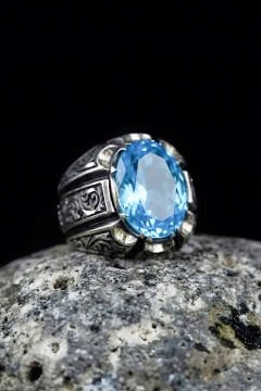 Erzurum Kalemkar Usta İşçiliği Mavi Topaz Zirkon Taşlı Erkek Yüzük