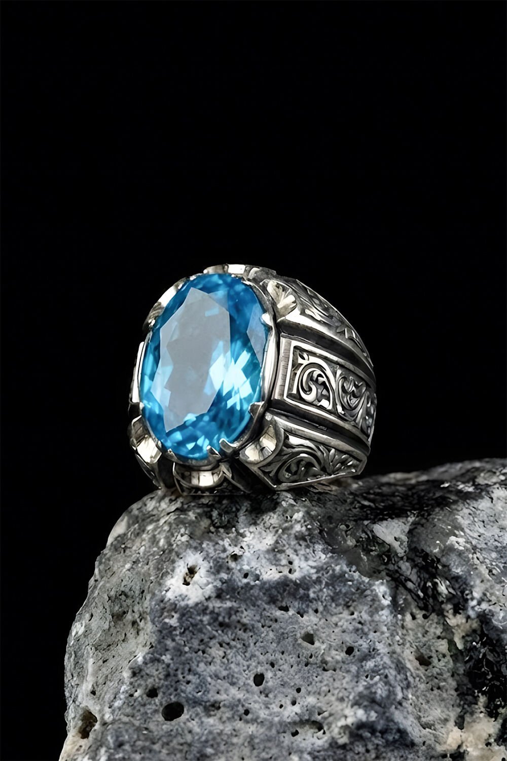 Erzurum Kalemkar Usta İşçiliği Mavi Topaz Zirkon Taşlı Erkek Yüzük