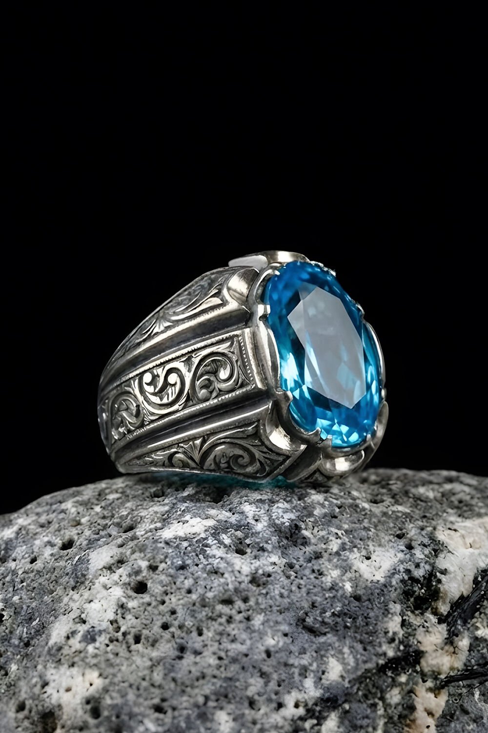 Erzurum Kalemkar Usta İşçiliği Mavi Topaz Zirkon Taşlı Erkek Yüzük