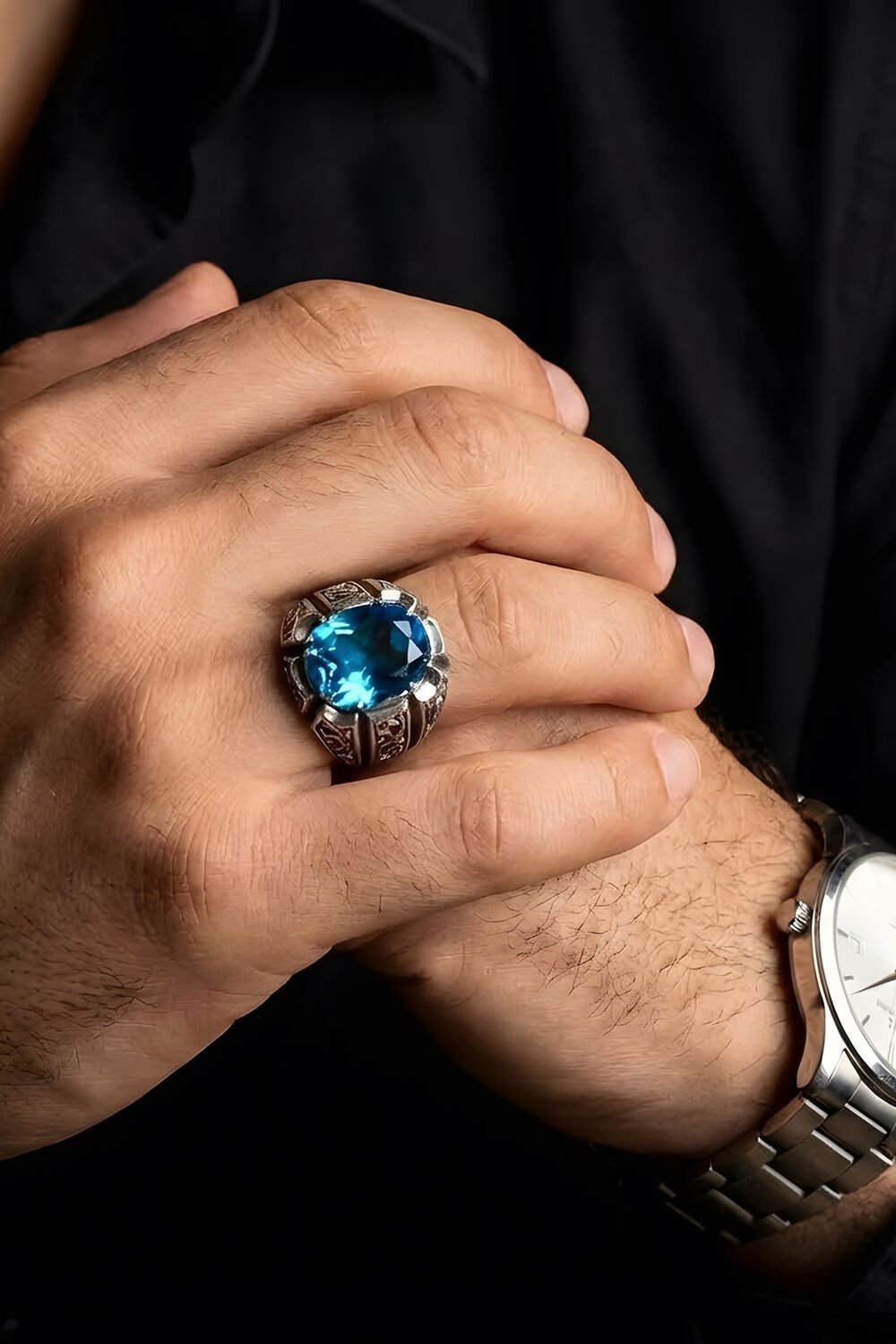 Erzurum Kalemkar Usta İşçiliği Mavi Topaz Zirkon Taşlı Erkek Yüzük