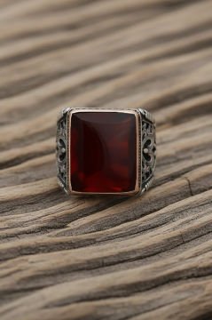 Büyük Boy Dikdörtgen Model Akik Taşlı Gümüş Yüzük