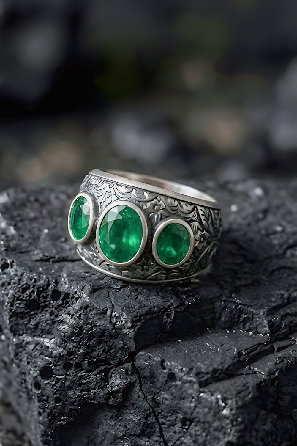 Kalem İşçiliği Özel Tasarım Üç Taş Zümrüt Zirkon Taşlı Gümüş Yüzük