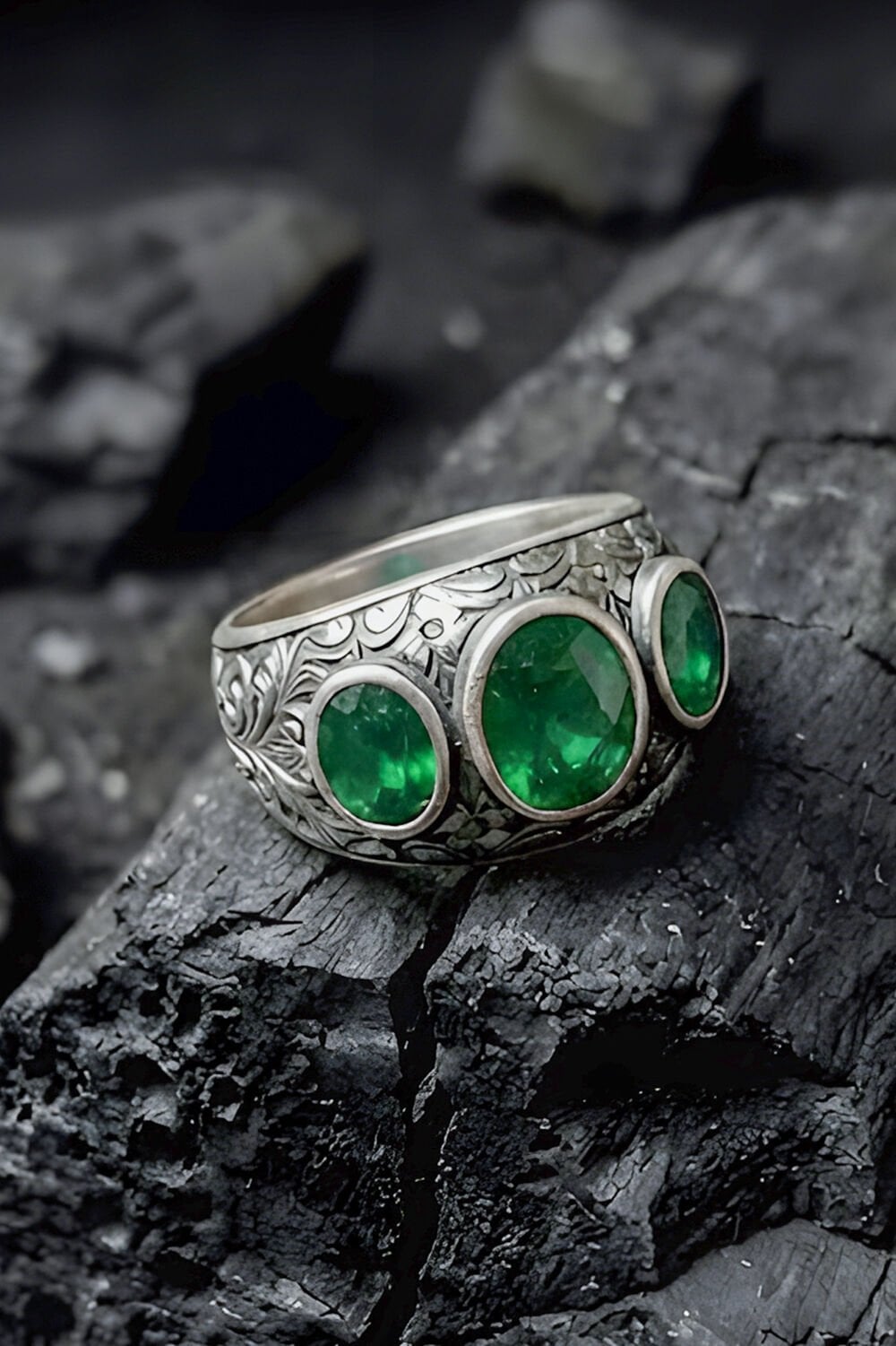 Kalem İşçiliği Özel Tasarım Üç Taş Zümrüt Zirkon Taşlı Gümüş Yüzük