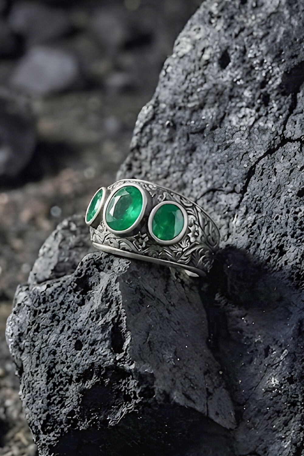 Kalem İşçiliği Özel Tasarım Üç Taş Zümrüt Zirkon Taşlı Gümüş Yüzük