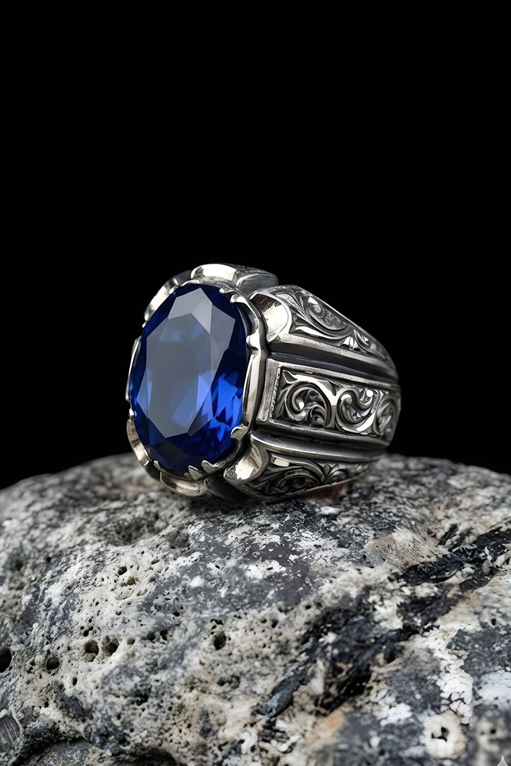 Erzurum Kalemkar Usta İşçiliği Safir Zirkon Taşlı Erkek Yüzük