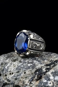 Erzurum Kalemkar Usta İşçiliği Safir Zirkon Taşlı Erkek Yüzük