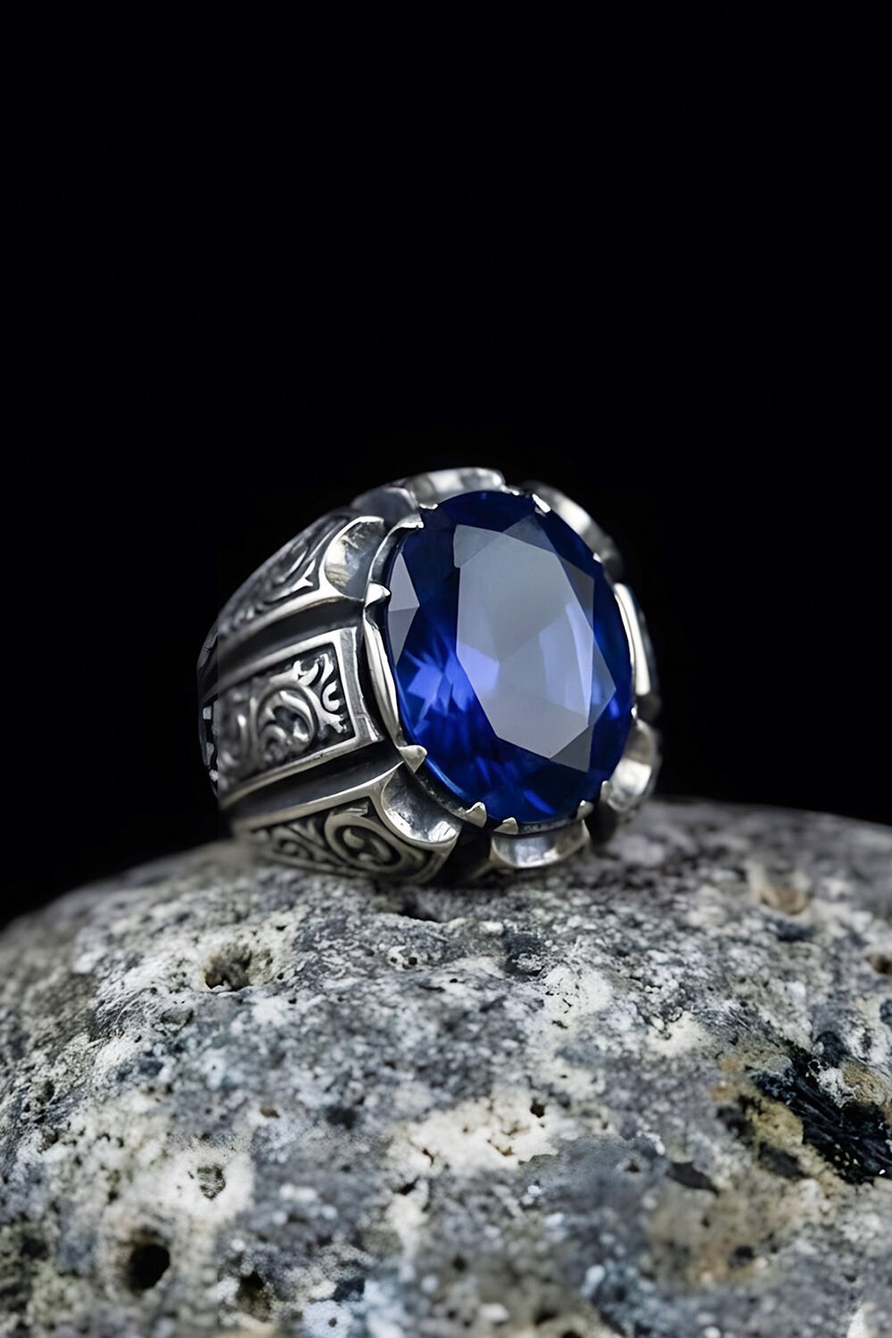 Erzurum Kalemkar Usta İşçiliği Safir Zirkon Taşlı Erkek Yüzük