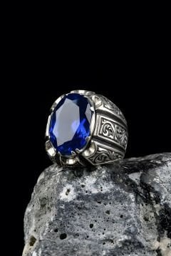 Erzurum Kalemkar Usta İşçiliği Safir Zirkon Taşlı Erkek Yüzük