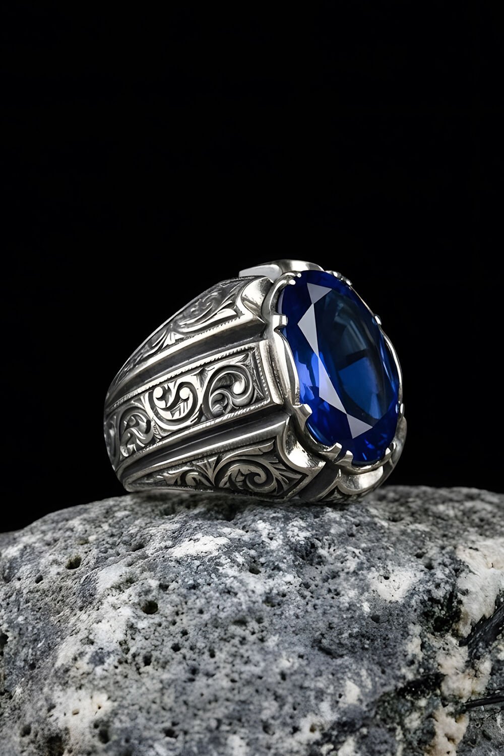 Erzurum Kalemkar Usta İşçiliği Safir Zirkon Taşlı Erkek Yüzük