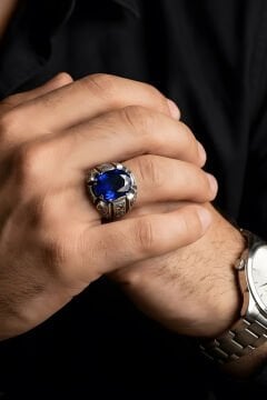 Erzurum Kalemkar Usta İşçiliği Safir Zirkon Taşlı Erkek Yüzük