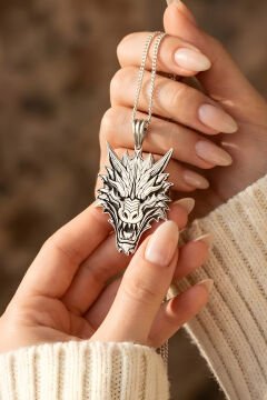 Ejdarha Kafası Model Unisex Gümüş Kolye