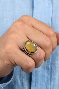 Yadigar Model Sarı Akik Taşlı Gümüş Erkek Yüzük