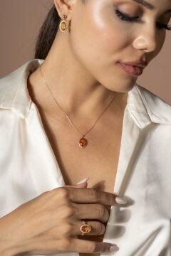 Damla Kehribar Taşlı Minimal Gümüş Takı Seti Rose Rengi - 9