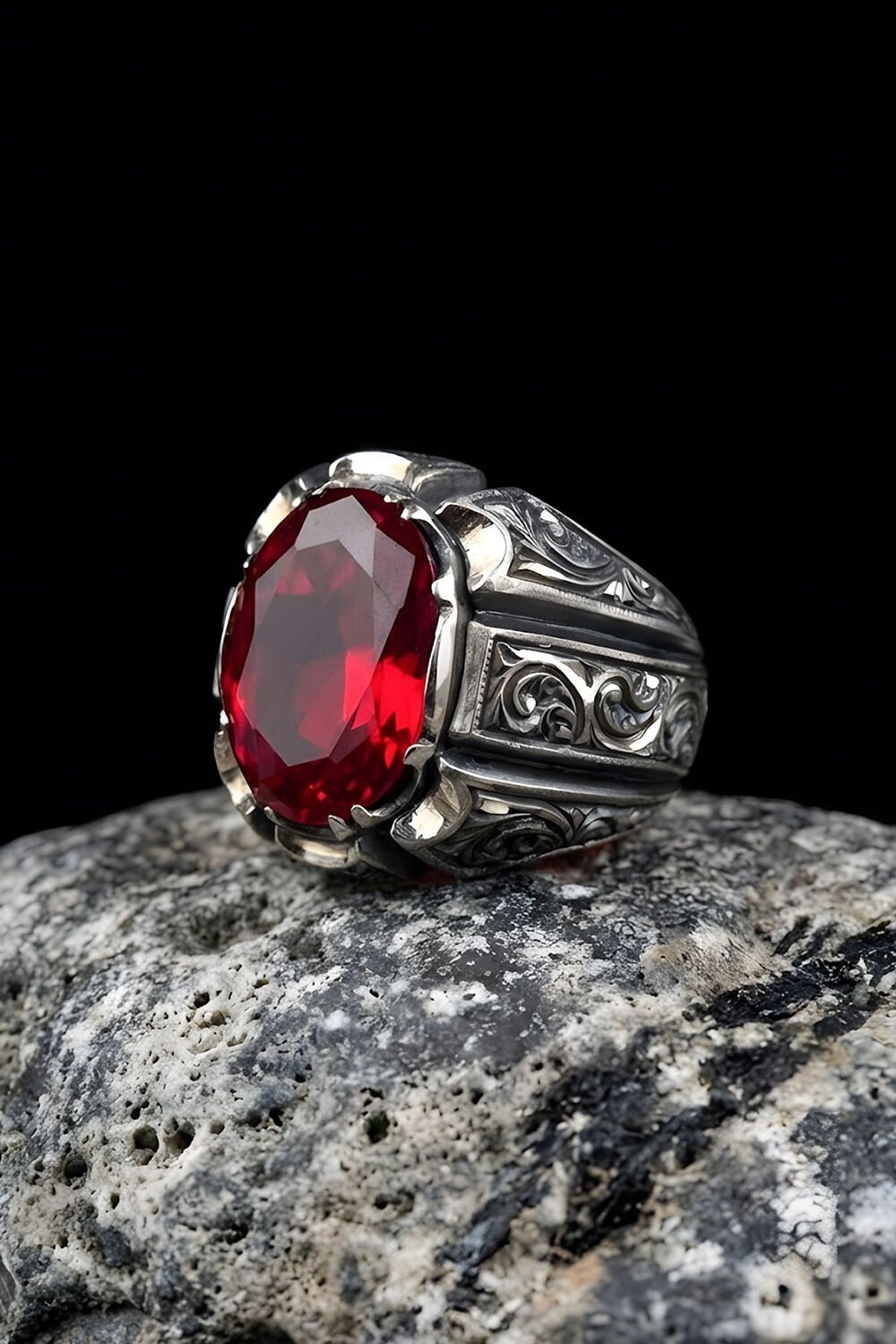 Erzurum Kalemkar Usta İşçiliği Yakut Zirkon Taşlı Erkek Yüzük