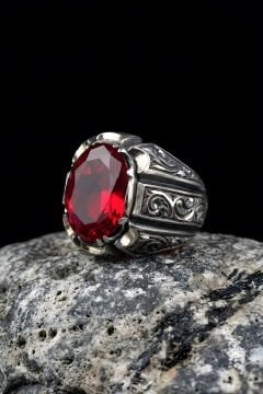 Erzurum Kalemkar Usta İşçiliği Yakut Zirkon Taşlı Erkek Yüzük