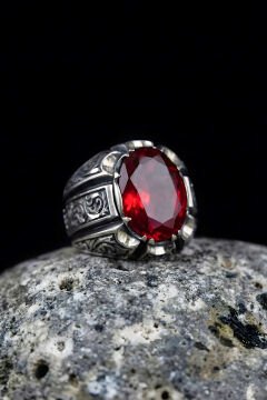 Erzurum Kalemkar Usta İşçiliği Yakut Zirkon Taşlı Erkek Yüzük