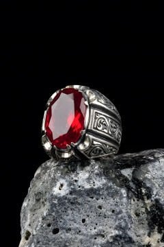 Erzurum Kalemkar Usta İşçiliği Yakut Zirkon Taşlı Erkek Yüzük