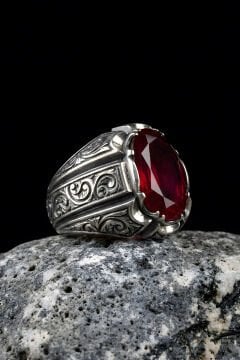 Erzurum Kalemkar Usta İşçiliği Yakut Zirkon Taşlı Erkek Yüzük