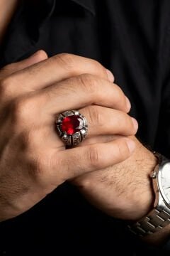 Erzurum Kalemkar Usta İşçiliği Yakut Zirkon Taşlı Erkek Yüzük