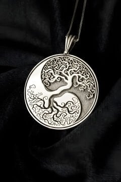 Yin Yang ve Hayat Ağacı Model Unisex Gümüş Kolye