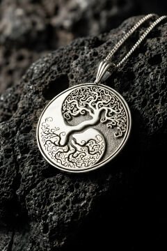 Yin Yang ve Hayat Ağacı Model Unisex Gümüş Kolye