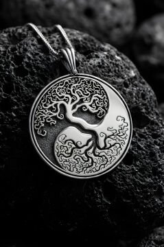 Yin Yang ve Hayat Ağacı Model Unisex Gümüş Kolye