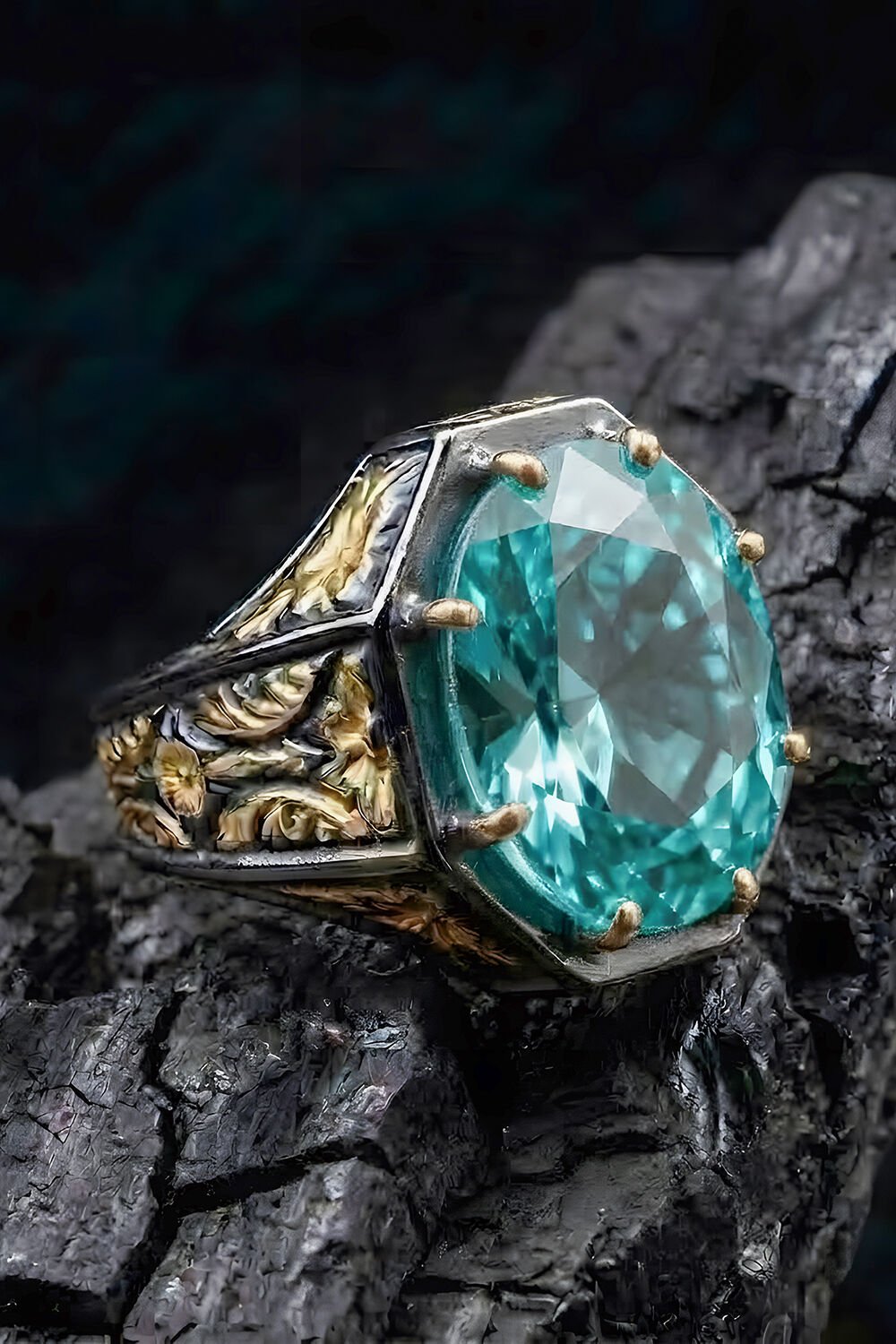 Siyah Rodaj ve Altın Kaplama Akuamarin Zirkon Taşlı Gümüş Yüzük