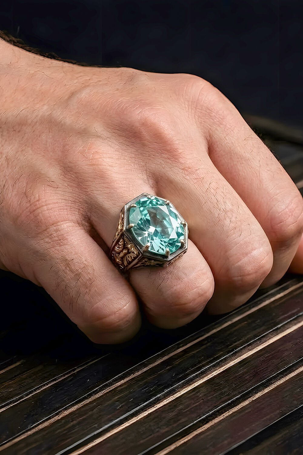 Siyah Rodaj ve Altın Kaplama Akuamarin Zirkon Taşlı Gümüş Yüzük