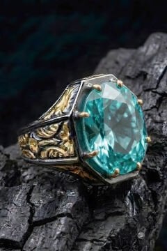 Siyah Rodaj ve Altın Kaplama Akuamarin Zirkon Taşlı Gümüş Yüzük