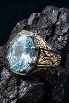 Siyah Rodaj ve Altın Kaplama Akuamarin Zirkon Taşlı Gümüş Yüzük