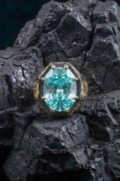 Siyah Rodaj ve Altın Kaplama Akuamarin Zirkon Taşlı Gümüş Yüzük