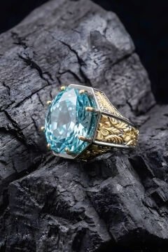 Siyah Rodaj ve Altın Kaplama Akuamarin Zirkon Taşlı Gümüş Yüzük