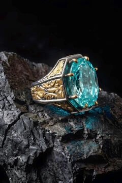 Siyah Rodaj ve Altın Kaplama Akuamarin Zirkon Taşlı Gümüş Yüzük