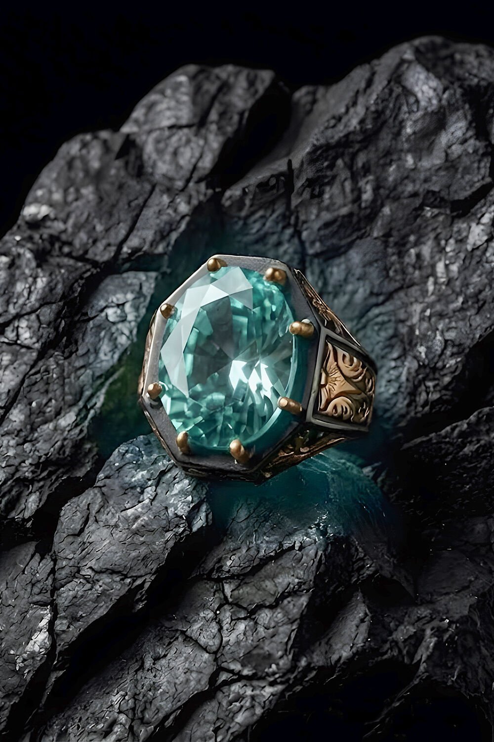 Siyah Rodaj ve Altın Kaplama Akuamarin Zirkon Taşlı Gümüş Yüzük