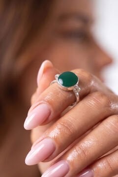 Luna Model Doğal Yeşil Akik Taşlı Gümüş Kadın Yüzük 20 - Gümüş Rengi