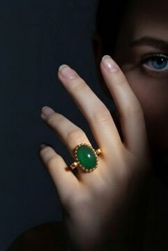 Sade Model Yeşil Akik Taşlı El İşi Gümüş Yüzük 10 - Altın Rengi