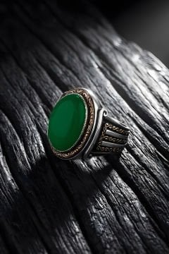 Yadigar Model Yeşil Akik Taşlı Gümüş Erkek Yüzük