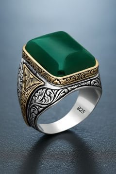 Yeşil Akik Taşlı Gümüş Yüzük